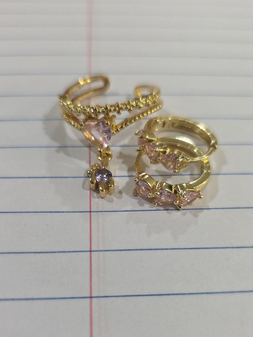 14k Gold Plated Pink Crystal Heart & Teardrop Ring Set
